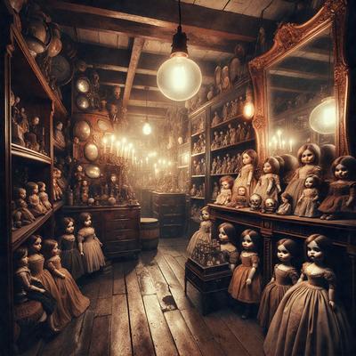 The primary subject of the image is a room filled with numerous dolls, creating a creepy and eerie atmosphere. The setting is a dark room with a wooden floor, and the visual style appears to be a combination of a photo and digital art. The dominant colors are dark and muted, with the dolls being the main focus of the scene.